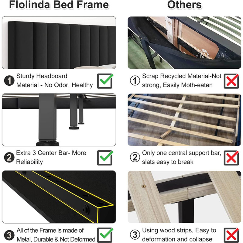 Flolinda Platform Bed Frame with Tufted Upholstered Headboard & Solid